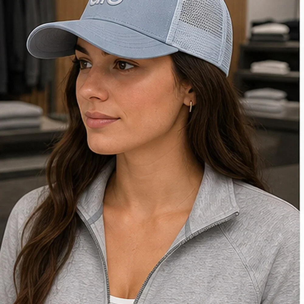 ALO Yoga Mist Blue Gray Gym Mesh Trucker Cap Hat Activewear